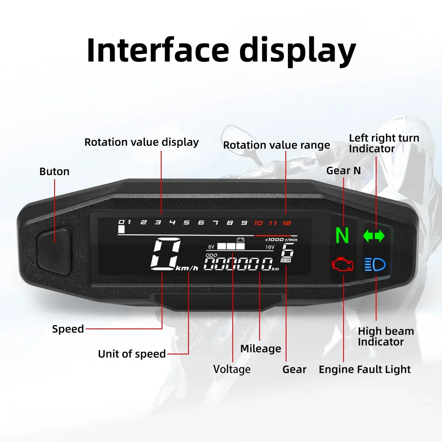 AD Universal Motorcycle Digital Speedometer – LED Tachometer Dashboard Instrument Panel with LCD Display & Y Bracket