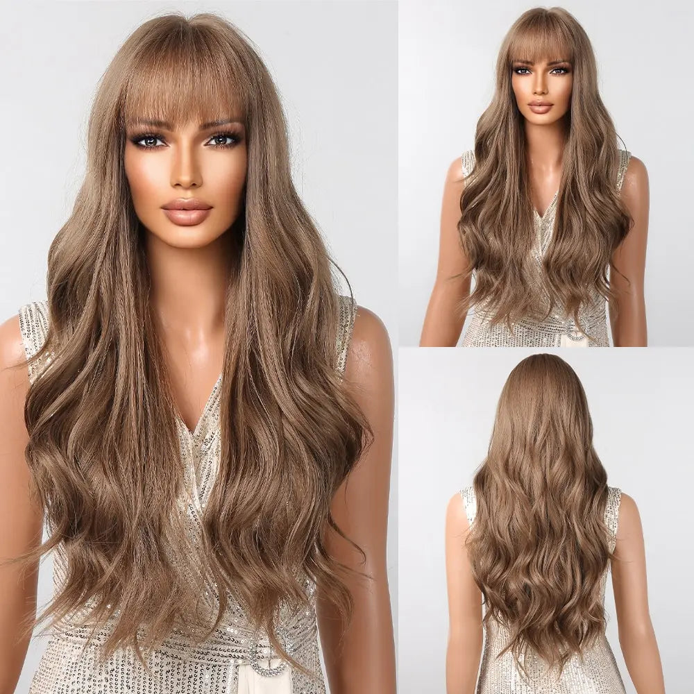 Brown Wavy Long Wig for Women with Bangs — Natural-Look Synthetic Hair, Heat-Resistant for Daily & Cosplay