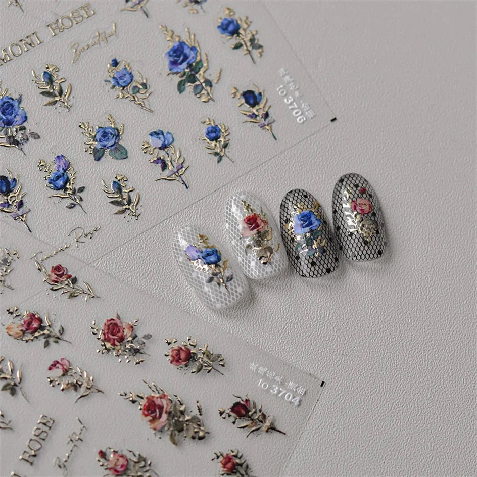 Vintage Rose Flower Nail Stickers – Red & Blue Laser Gold/Silver Nail Art Decals for Manicure Design DIY Beauty Tool