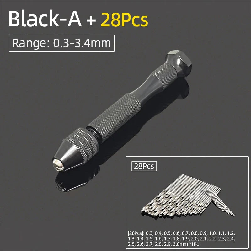Mini Aluminum Hand Drill 0.3–3.4mm – Keyless Chuck Micro Rotary Tool with HSS Twist Drill Bit Set for Wood & DIY Crafts