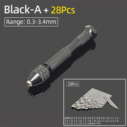 Mini Aluminum Hand Drill 0.3–3.4mm – Keyless Chuck Micro Rotary Tool with HSS Twist Drill Bit Set for Wood & DIY Crafts