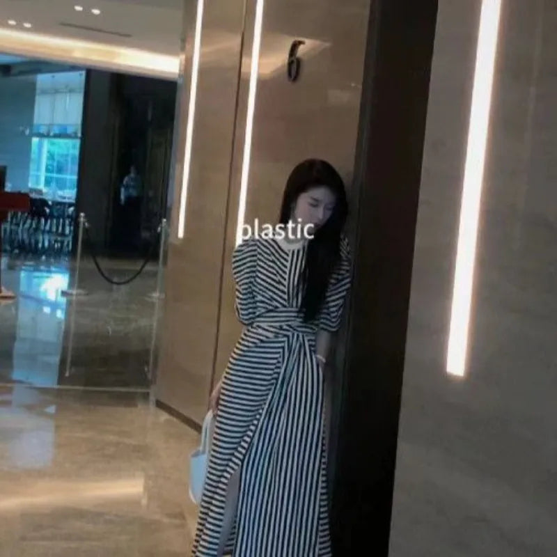 Women’s Summer French Striped Dress – Puff Sleeve Slim Waist Casual Runway Vestidos Robe