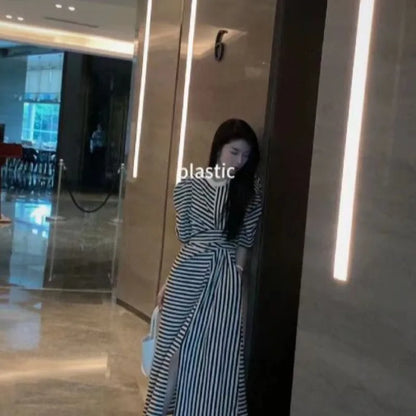 Women’s Summer French Striped Dress – Puff Sleeve Slim Waist Casual Runway Vestidos Robe