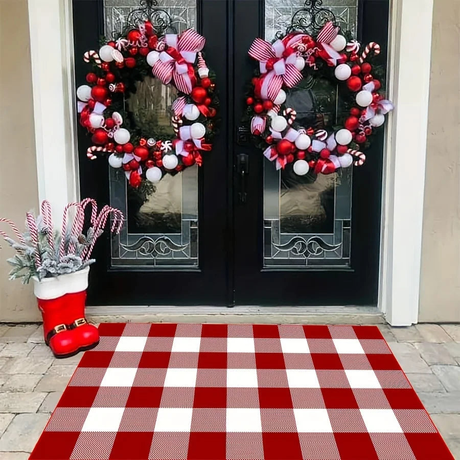 VIKAMA Christmas Checkered Outdoor Rug — Washable, Anti-Slip Welcome Mat for Front Porch & Festive Home Decor