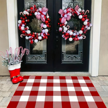 VIKAMA Christmas Checkered Outdoor Rug — Washable, Anti-Slip Welcome Mat for Front Porch & Festive Home Decor