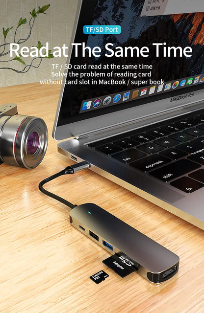 USB-C Hub Adapter with 4K — 100W PD USB-C Port, SD & TF Card Reader for MacBook Air, iPad Pro, Huawei, Samsung Phones