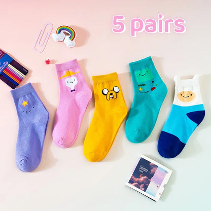5 Pairs Cartoon Cute Women’s Socks – Fun Patterned Crew Socks, Colorful & Comfy for All Seasons