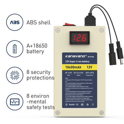 12V 10Ah 18650 Lithium-Ion Rechargeable Battery Pack — 11.1V with Built-in BMS for LED Toys & Inflatable Clothes with Charger