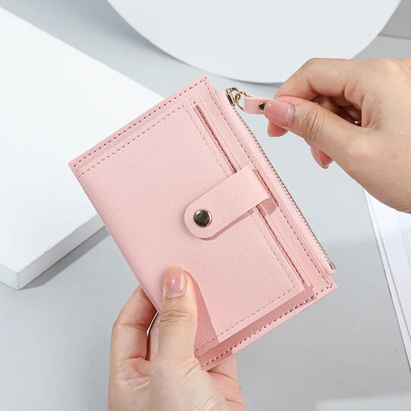 Women’s PU Leather Mini Wallet — Slim Hasp & Zipper Purse, Multi-Card Holder with Coin Pocket, Small Solid Short Wallet