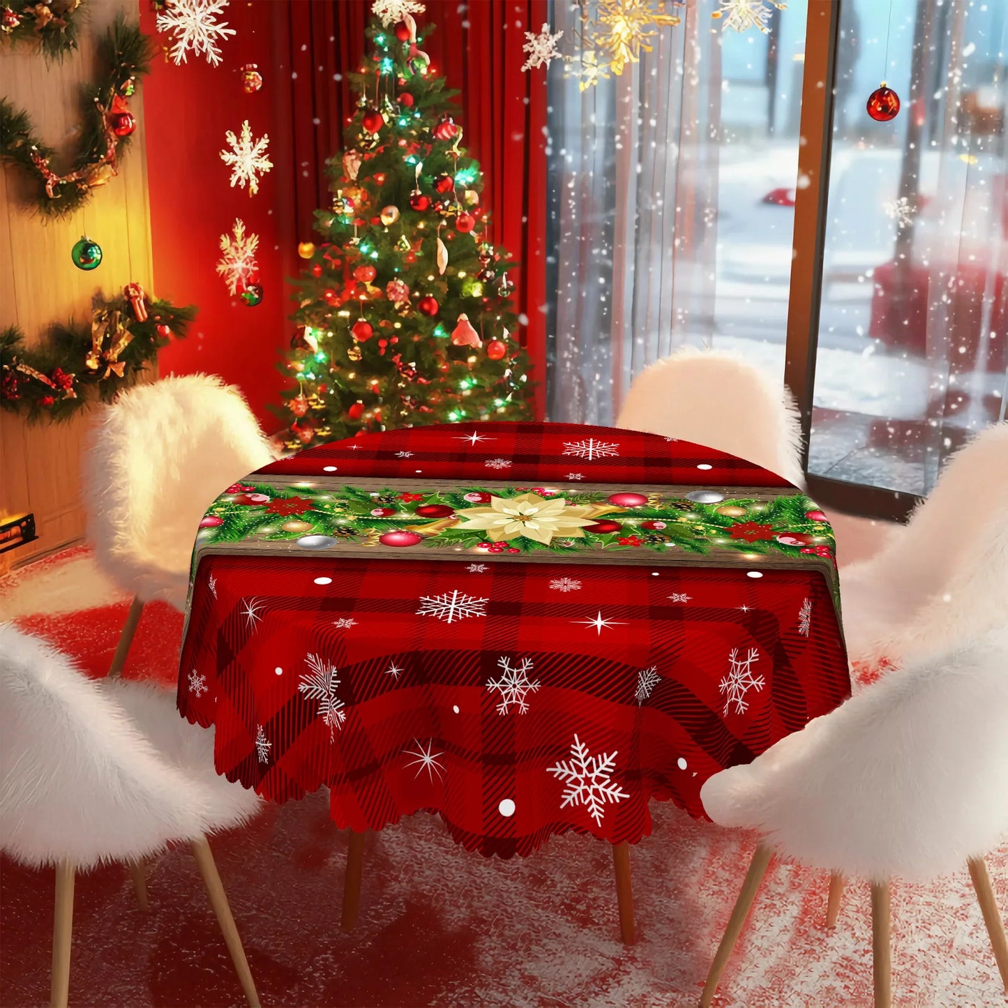 Christmas Printed Tablecloth - Holly Berry, Bow & Snowflake Holiday Dining Cover for Kitchen, Home & Terrace Decor