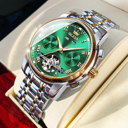 OLEVS Men's Automatic Mechanical Watch – Waterproof Stainless Steel Business Wristwatch with Skeleton Calendar