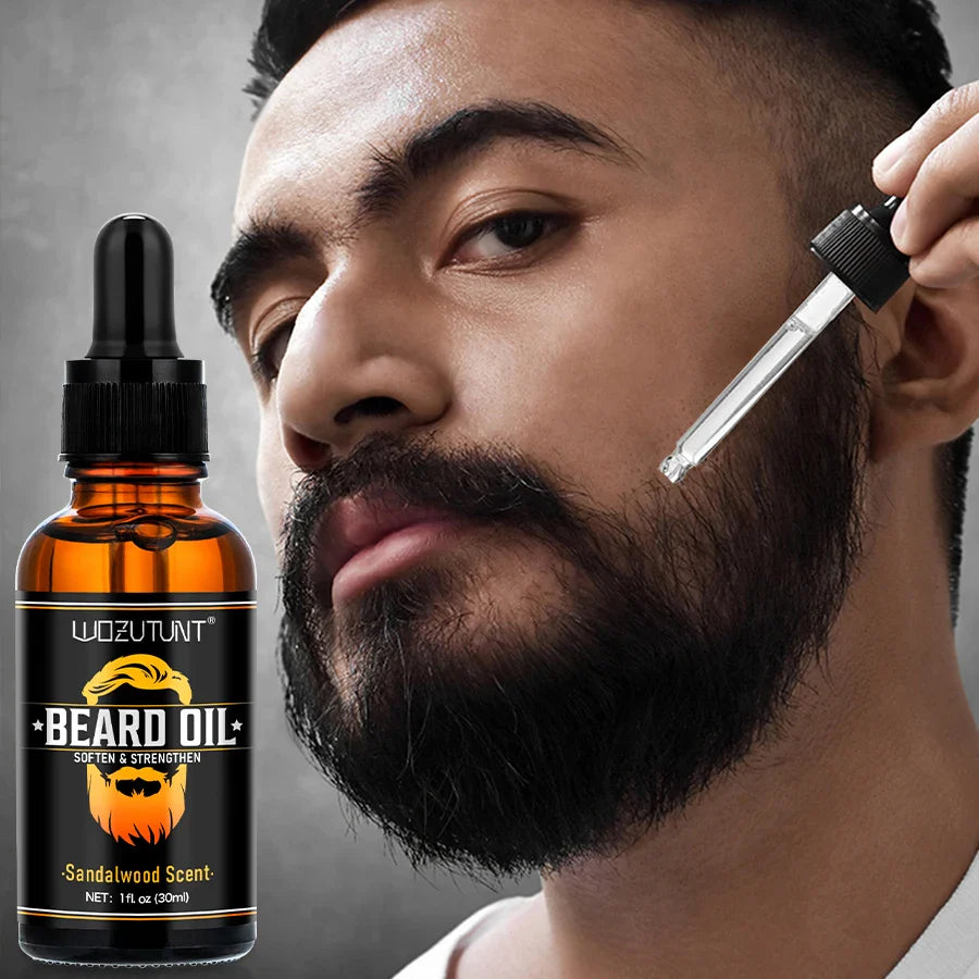 Natural Shea Beard Conditioning Oil 30ml – Sandalwood Scent Beard Softener & Strengthener with Gentle Roller for Facial Hair Growth & Massage for Men