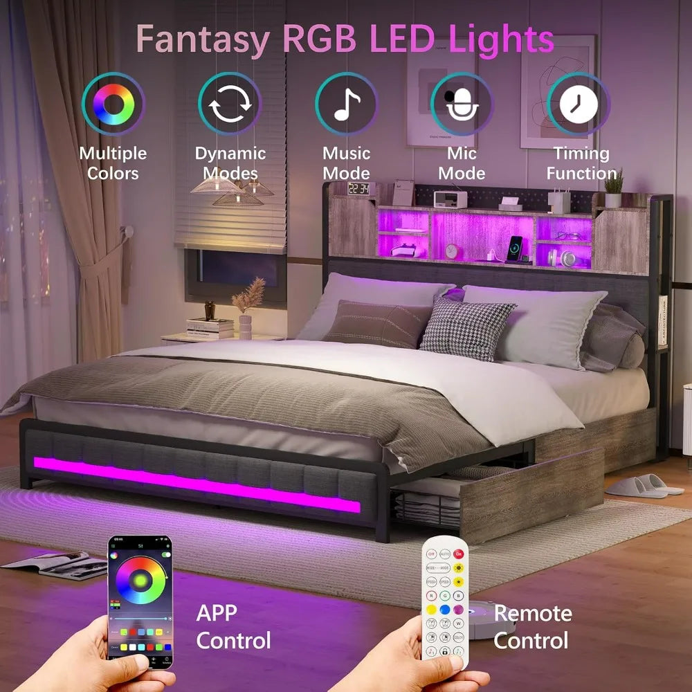 Full Size Upholstered Bed Frame with Storage Drawers, Bookcase Headboard, LED Lights & USB Charging Station