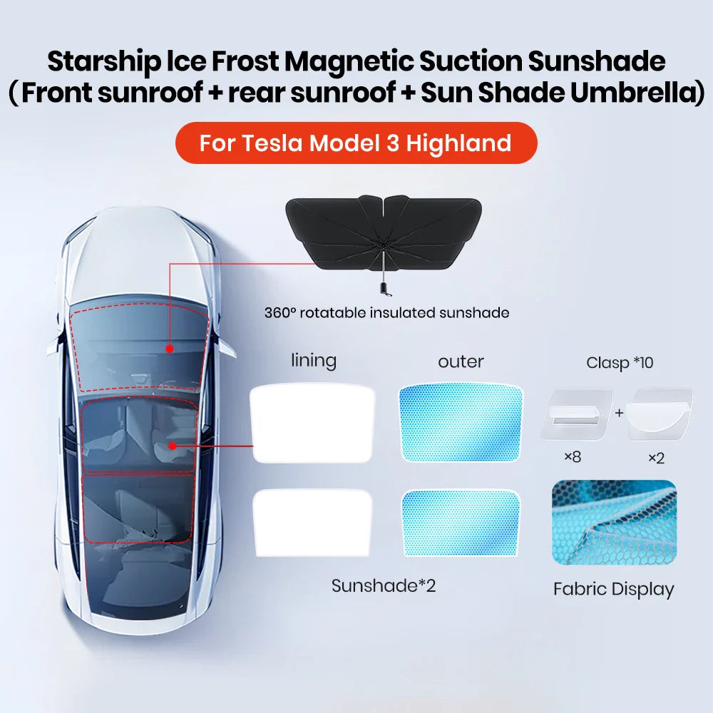 YZ Sun Visor Upgrade for Tesla Model 3 & Y Highland 2021-2024 – Ice Cloth Buckle Sunshade for Glass Roof & Skylight