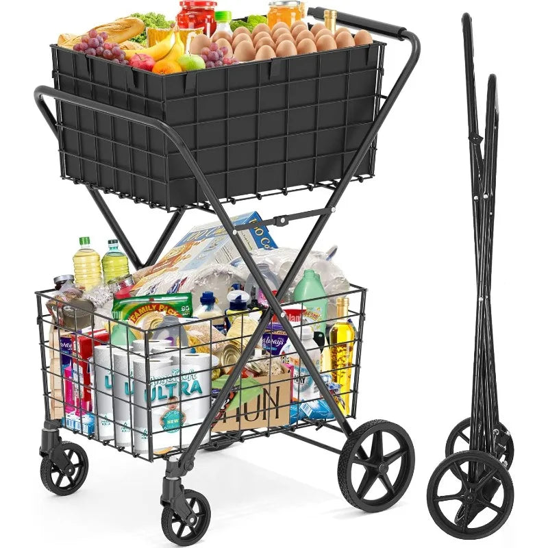 Extra Large Collapsible Grocery Cart on Wheels — Heavy Duty Shopping Cart with Baskets & Waterproof Liner