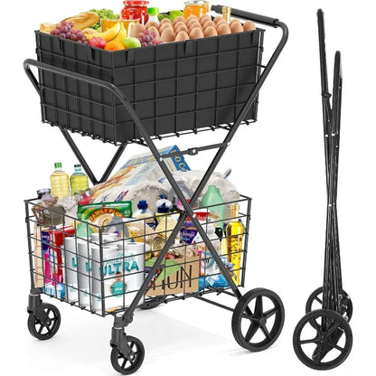 Extra Large Collapsible Grocery Cart on Wheels — Heavy Duty Shopping Cart with Baskets & Waterproof Liner