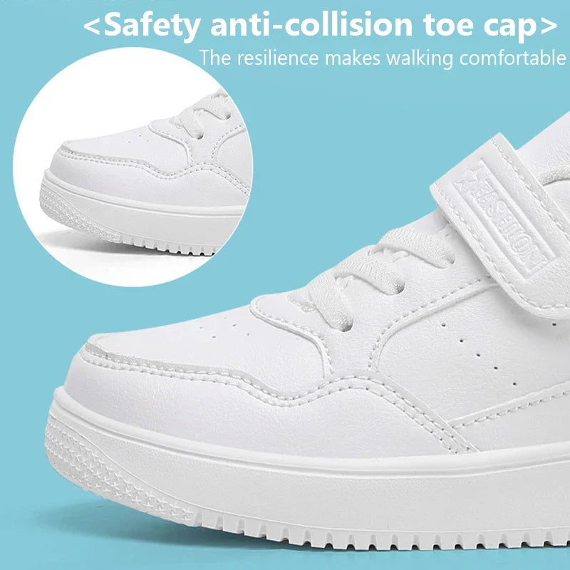 Children’s Black Leather Sneakers – Non-Slip Casual Flat Walking Shoes for Boys & Girls, Lightweight Student Sports Footwear