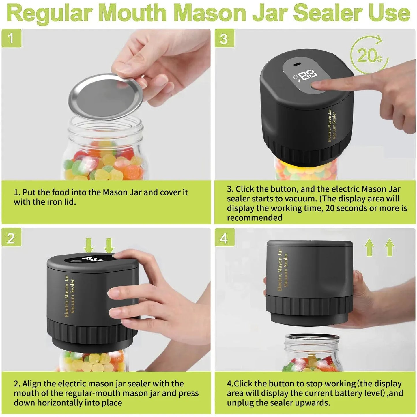 Electric Mason Jar Vacuum Sealer Kit - Cordless Sealer for Wide-Mouth and Regular-Mouth Mason Jars - Ideal for Food Storage