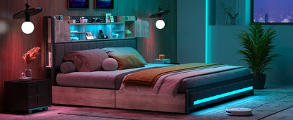 Queen Bed Frame with 4 Storage Drawers – Upholstered LED Bed with Bookcase Headboard, Type-C & USB Charging Station