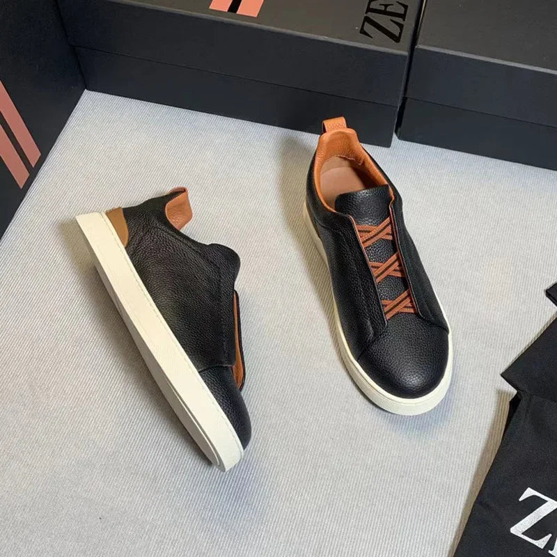 Men's Summer Casual Shoes — Top Layer Cow Leather, Breathable Luxury Deer Skin Slip-On Sneakers