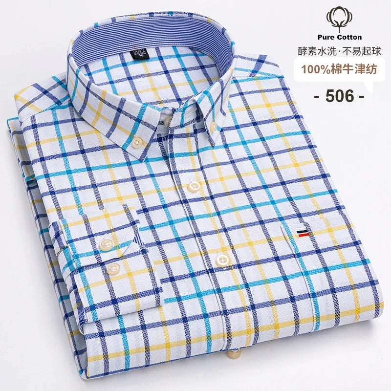 Men's 100% Cotton Oxford Plaid Shirt - Soft Regular Fit Long Sleeve Formal Dress Shirt with Pocket S-7XL