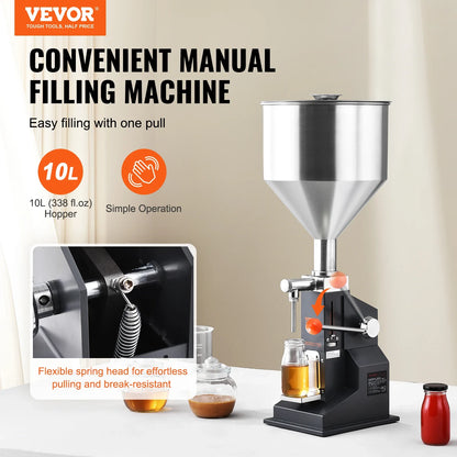 VEVOR A03 Manual Liquid Filling Machine — Adjustable 5-50ml/5-100ml Paste & Bottle Filler with Hopper for Water, Juice, Shampoo & Honey