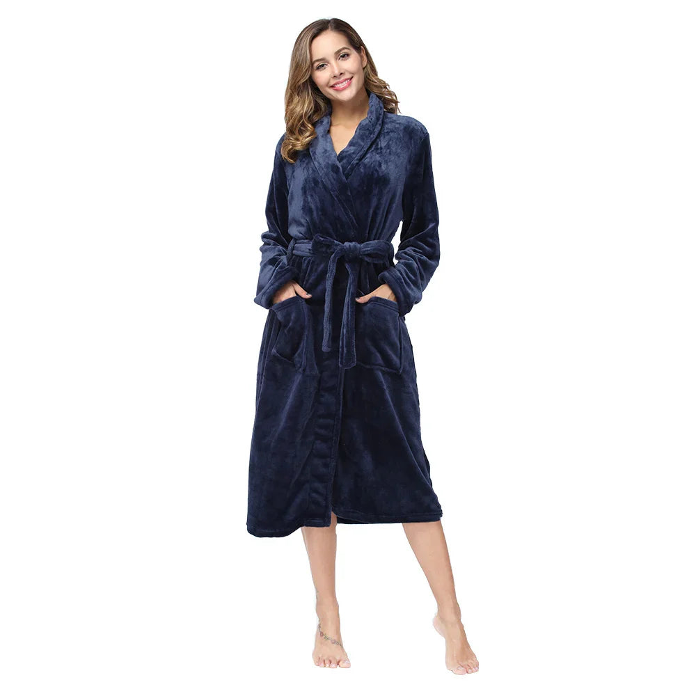 RONGTAI Women's Solid Color Lapel Bathrobe - Warm, Comfortable Long-Sleeved Robe for Autumn and Winter Homewear
