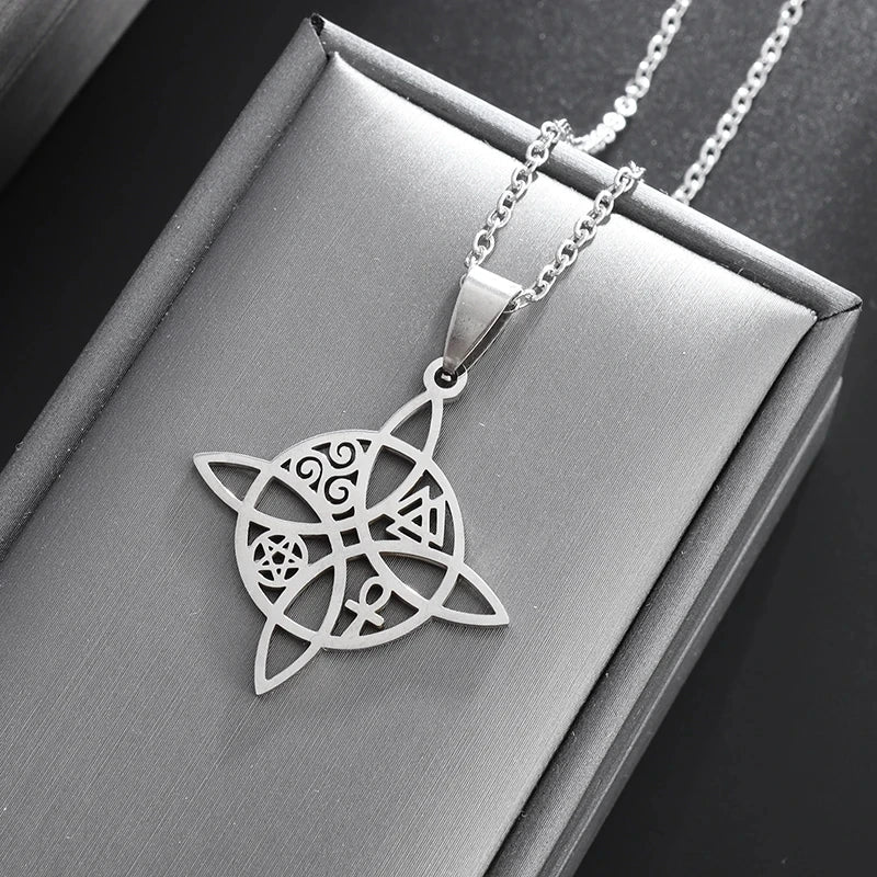 Witch Knot Necklace – Stainless Steel Magic Celtic Knot Pendant, Pagan Witchcraft Symbols, Jewelry Gift for Women