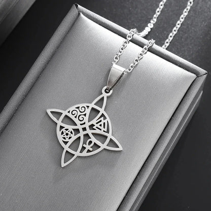 Witch Knot Necklace – Stainless Steel Magic Celtic Knot Pendant, Pagan Witchcraft Symbols, Jewelry Gift for Women