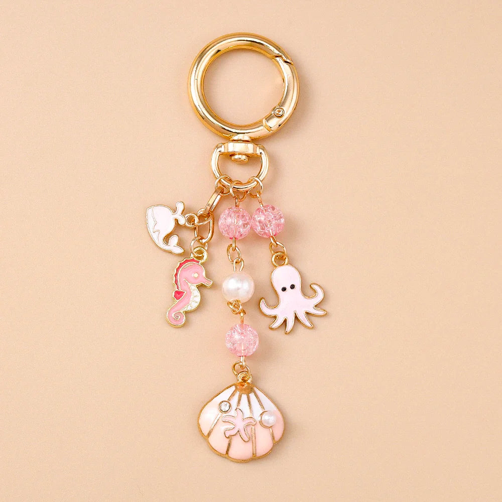 Summer Beach Shell Keychain – Octopus and Starfish Marine Life Pendant for Women, Girls, Handbag Decor, and Gifts