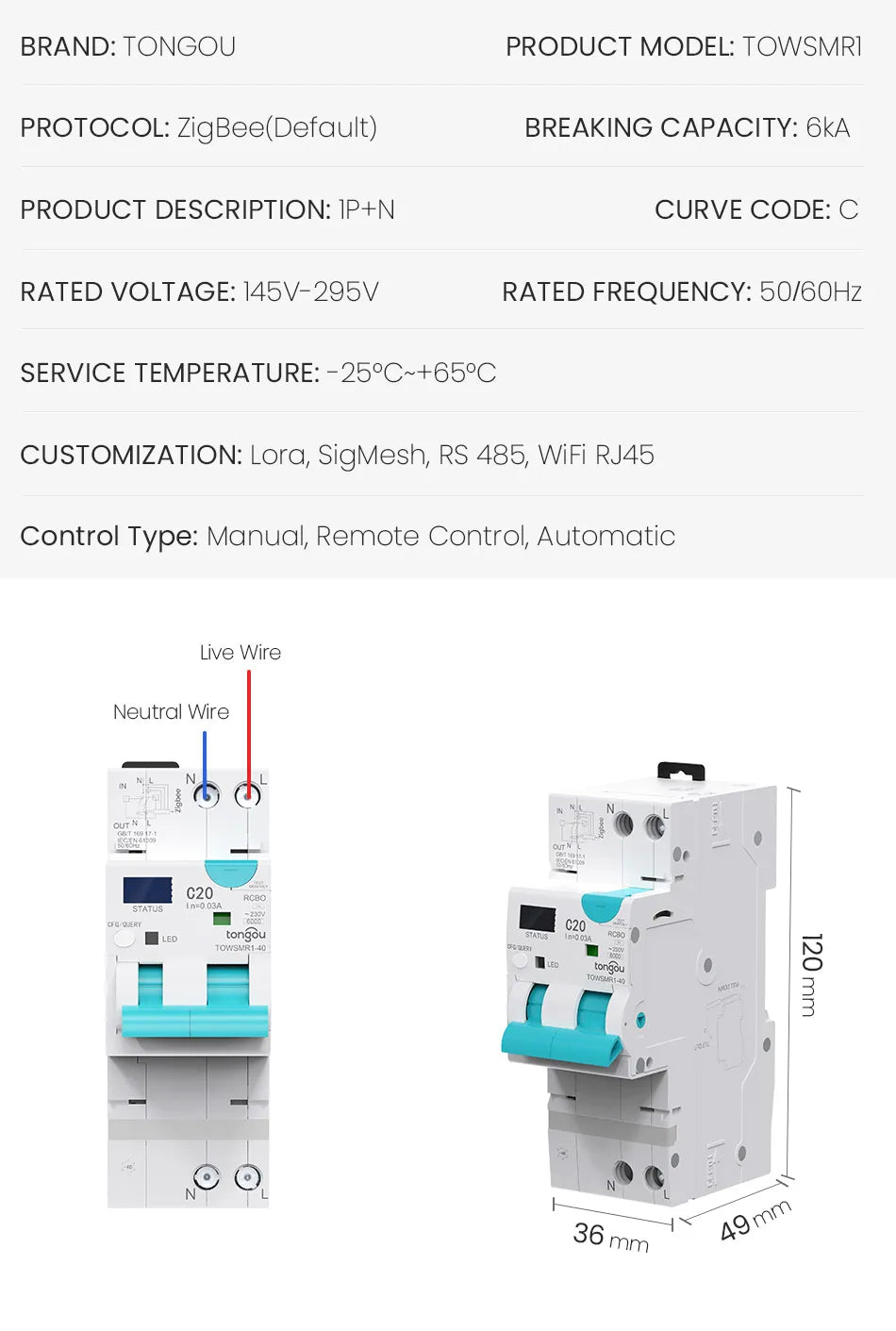 TONGOU ZigBee RCBO Smart Circuit Breaker – Adjustable Residual Current Breaker with Overcurrent & Leakage Protection