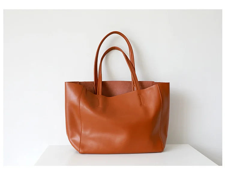 Customized Letter Genuine Leather Tote Bag – Large Capacity, Practical Commuter & Shopping Bag, Cowhide Large Bag