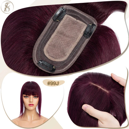 TESS Women Human Hair Topper With Bangs - 7x12.5cm Silk Base Clip In Hair Extension Natural Wigpiece