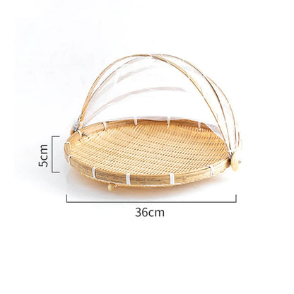 Bamboo Woven Basket with Anti-Mosquito Net – Portable Outdoor Fruit & Vegetable Tray with Mesh Cover