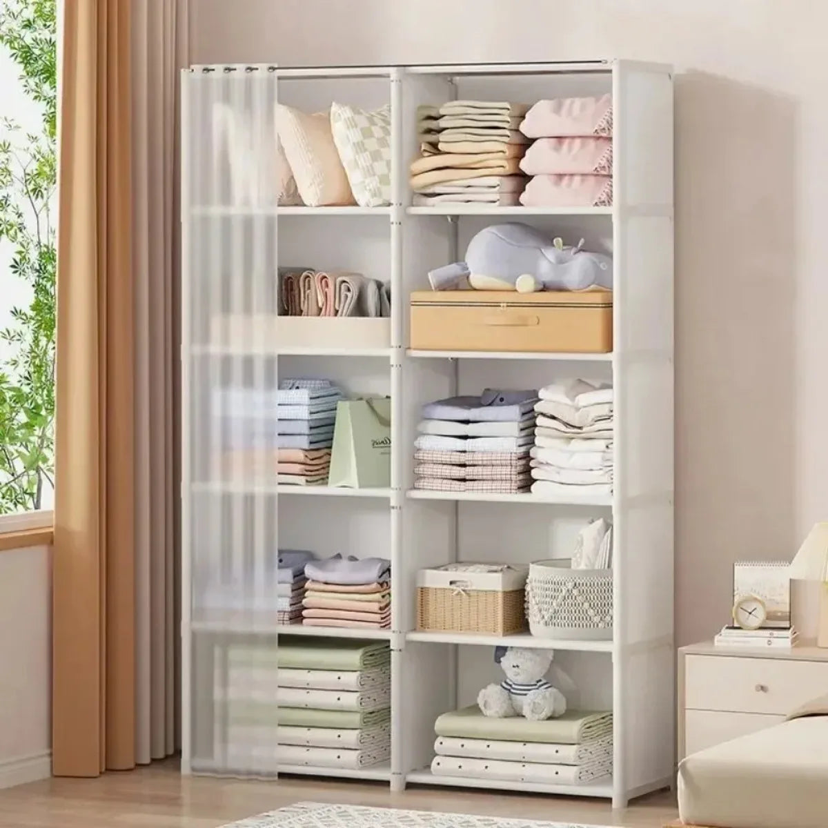 Multi-Layer Dustproof Storage Rack – Wardrobe Cabinet with Curtains | Multifunctional Portable Clothes Organizer