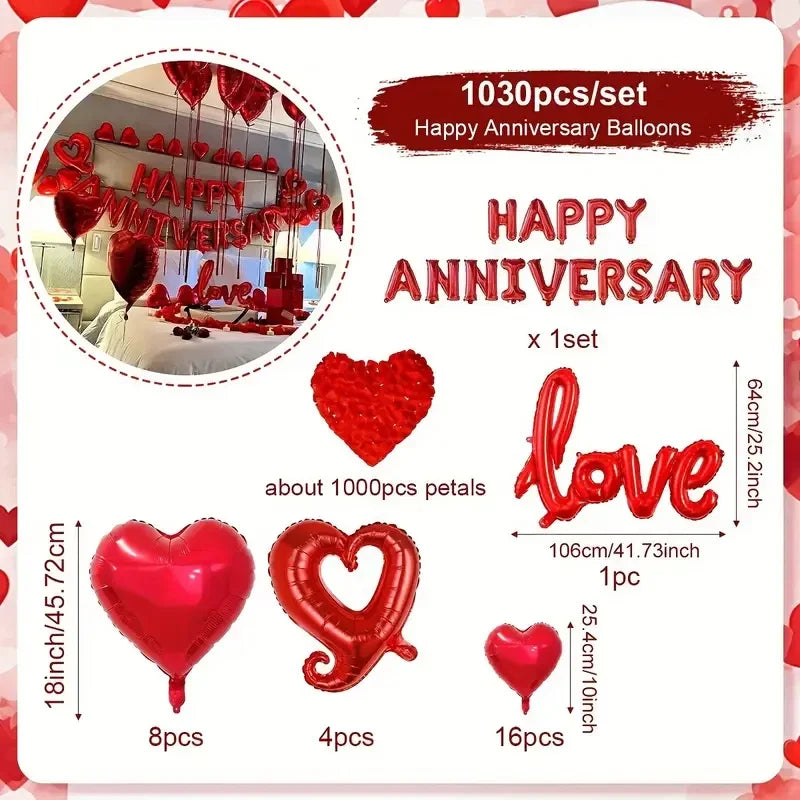 Happy Anniversary Foil Balloons - Wedding Banner Decoration Set for Bridal Shower, Valentine’s Day & Love Celebrations