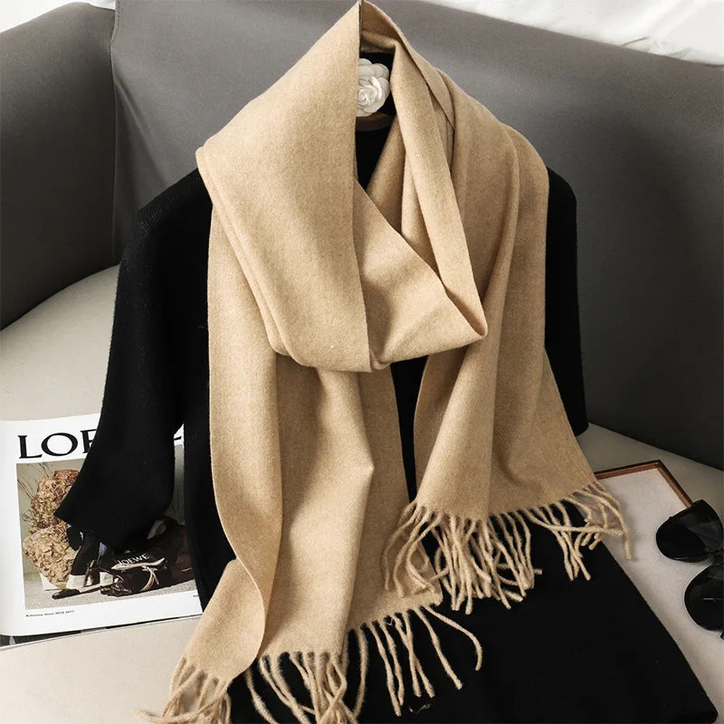 62-Color Solid Women’s Winter Scarf — Thick Warm Cashmere Pashmina Shawl with Tassels, Outdoor Luxury Wrap, Windproof Fashion Scarf