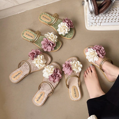Women's Double Flower Slippers - Lightweight Flat Summer Casual Shoes