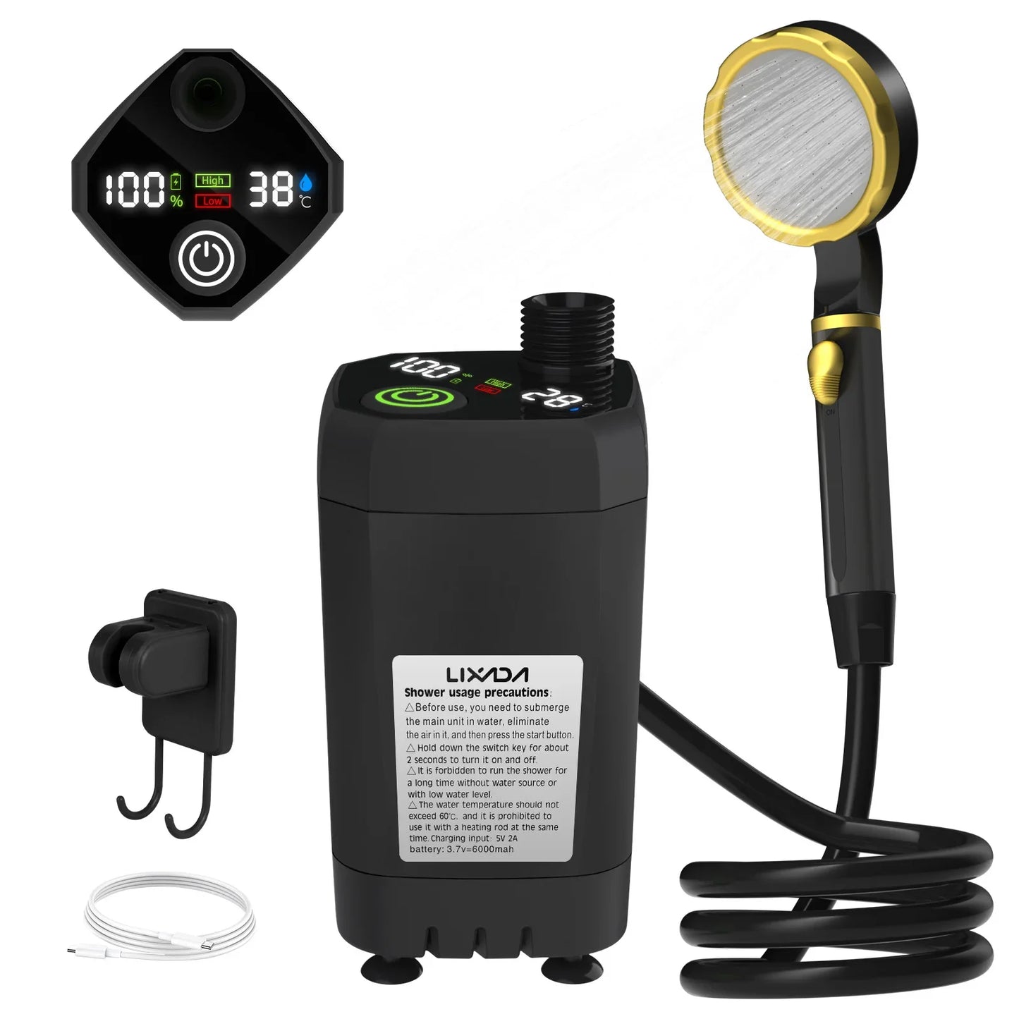 Camping Shower Pump Kit – RV & Outdoor Shower with Digital Display, Adjustable Full-Screen Shower for Backyard