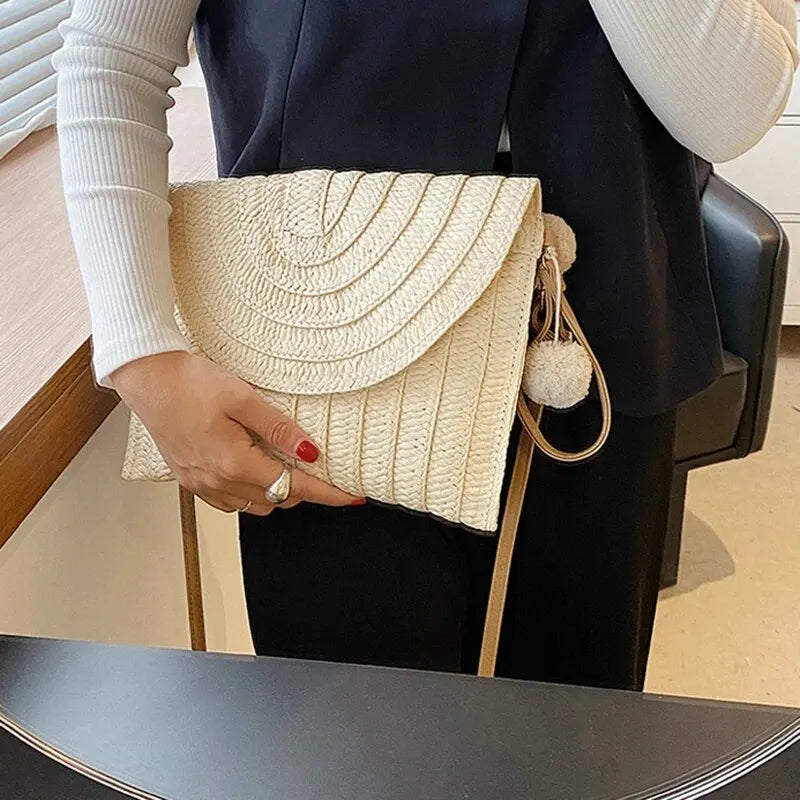 Handmade Straw Beach Bag – Small Woven Summer Shoulder Crossbody Clutch with Hair Ball
