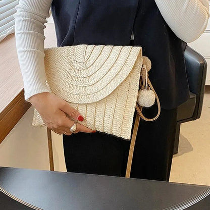 Handmade Straw Beach Bag – Small Woven Summer Shoulder Crossbody Clutch with Hair Ball