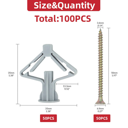 100pcs Drywall Anchor Kit — Hollow Wall Anchors, Plasterboard Plugs, Screws & Butterfly Expansion Tubes (50 Sets)