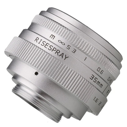 Silver Mini 35mm f/1.6 APS-C CCTV Lens with Adapter Ring — Compatible with Panasonic/Olympus Micro 4/3, Sony E, Canon EOS-M, Fujifilm