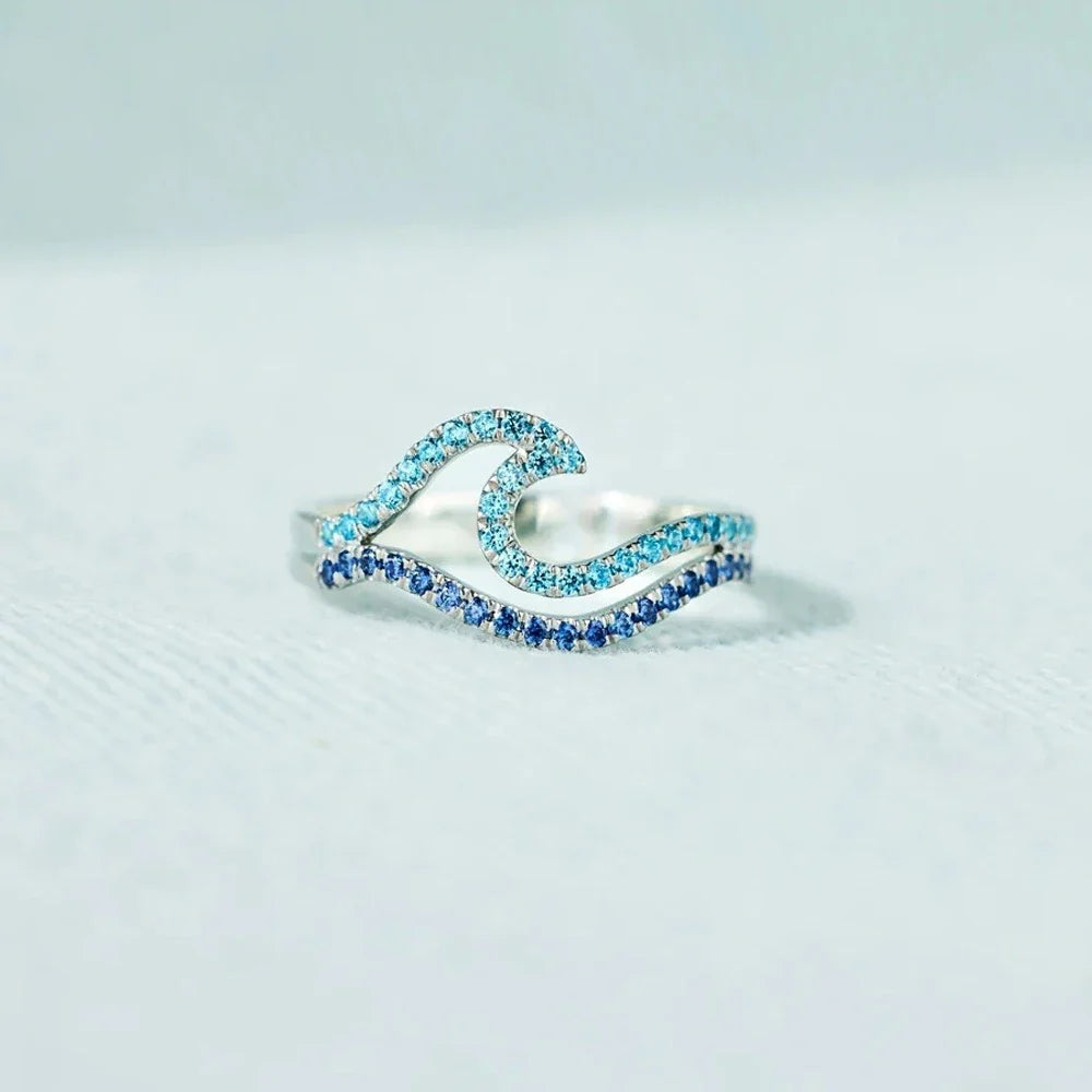 YILUOCD Blue Wave CZ Ring - Adjustable Cubic Zirconia Ocean Inspired Sea Wave Jewelry Gift for Women
