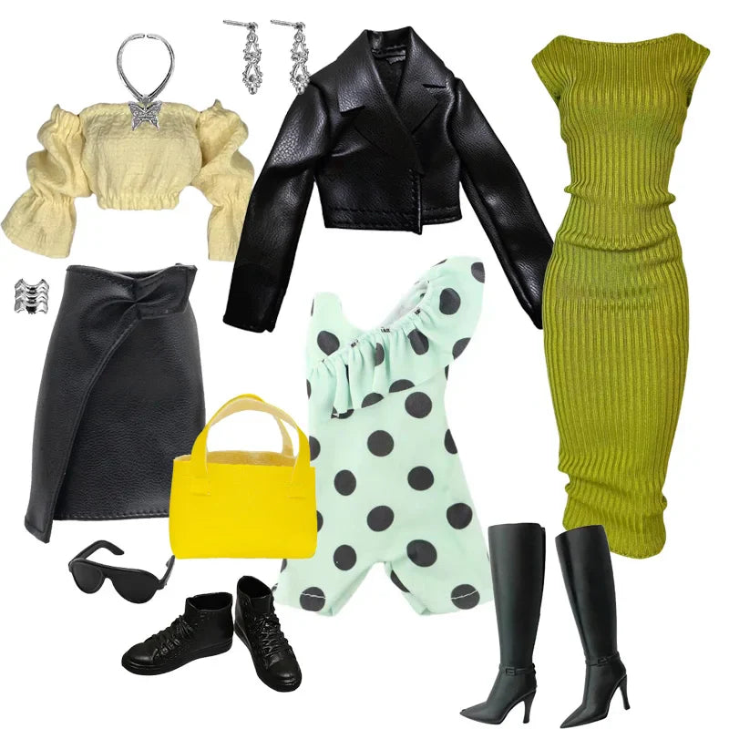 1/6 Doll Clothes Set — Handmade Fashion Outfits with Green Dress, Bag & Shoes for 12-Inch (30cm) Dolls