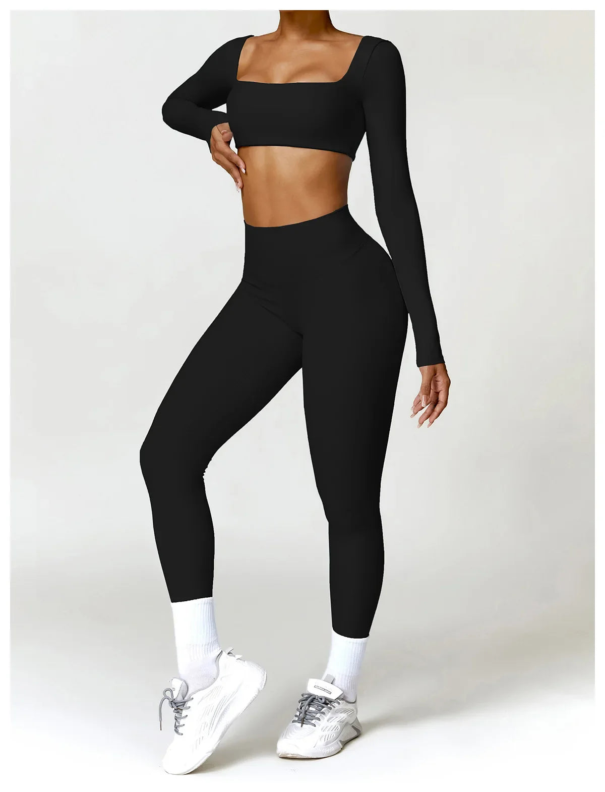 Hearuisavy 2PCS Long Sleeve Gym Set for Women, Quick-Drying Yoga Clothes, Sportswear, Running Leggings, Workout Sports Crop Top