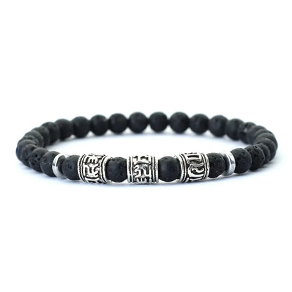 Noter Mantra Bracelet for Men – 6mm Howlite, Lava, and Tiger Eye Beads, Viking Accessories, Tibetan Bracelet