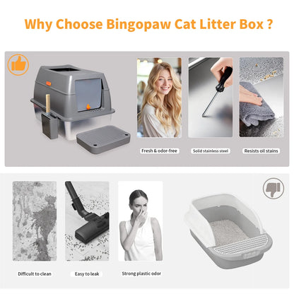 Extra Large Enclosed Stainless Steel Cat Litter Box with Lid – High Wall Metal Litter Pan for Big Cats