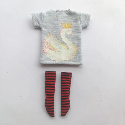 Handmade OB24 1/6 Blyth Doll Clothes – Cartoon T-Shirt with Striped Socks for 1/6 Doll Accessories