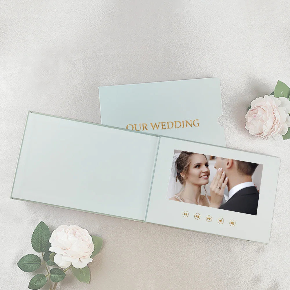 Luxury Linen Video Book Album – 7” IPS Wedding Video Player Book | 4GB Memory, Up to 3 Hours Video, Rechargeable Digital Photo & Video Album Gift